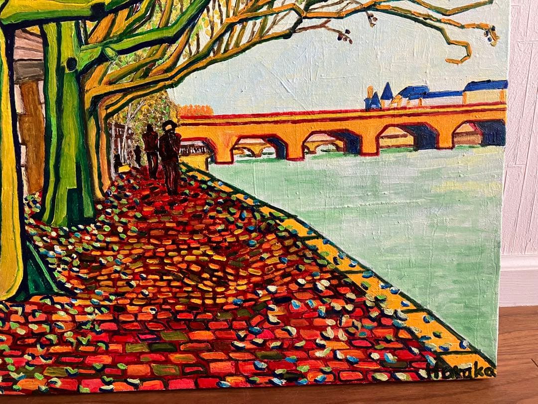 絵画 油絵 風景画 川沿いの並木道 F12