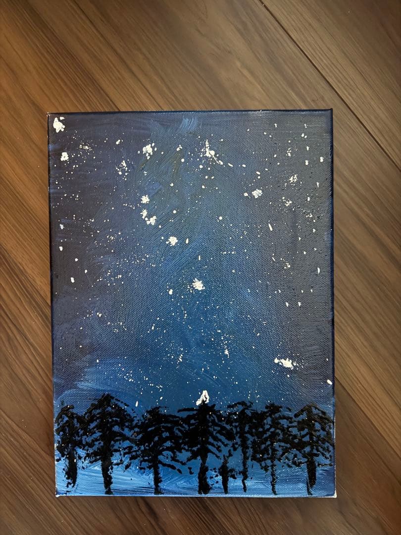 星空と森林のアクリル画 キャンバス アート 原画 森 星 月 22cm×16cm 蘿