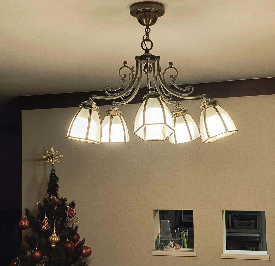 美品アンティーク フリルシェード すずらん型 豪華5灯シャンデリア