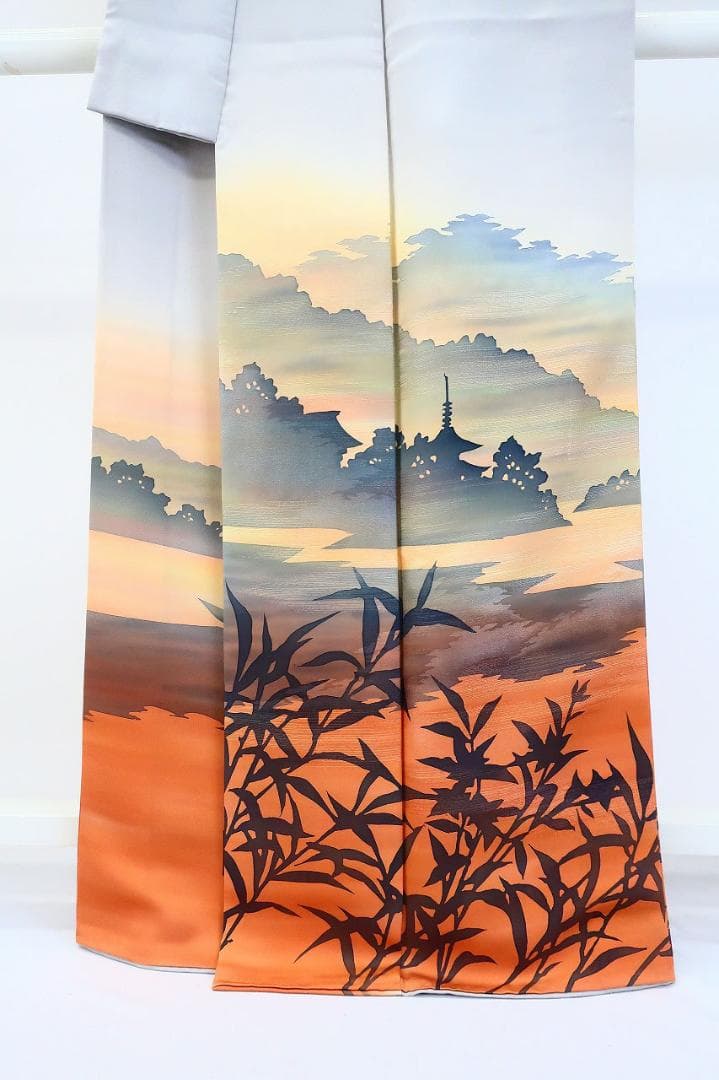 訪問着 ブルーグレー オレンジ系 夕暮れの京風景 身丈163.0cm 正絹
