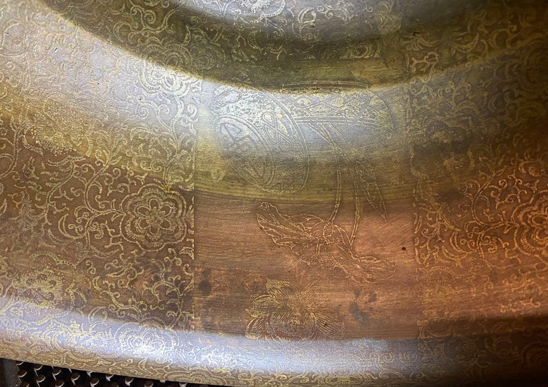 中国 清代 黄青銅 装飾洗面器 鑑賞スタンド付 ・ヴィンテージ レア