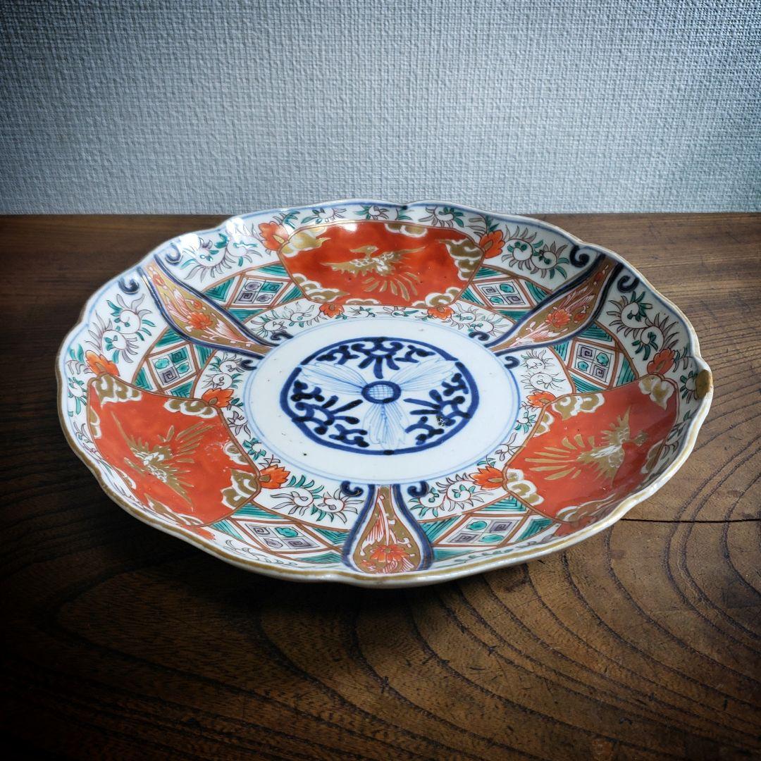大皿　古伊万里　色絵付け　鳳凰　江戸　金継ぎ　漆直し　唐花草　7寸皿