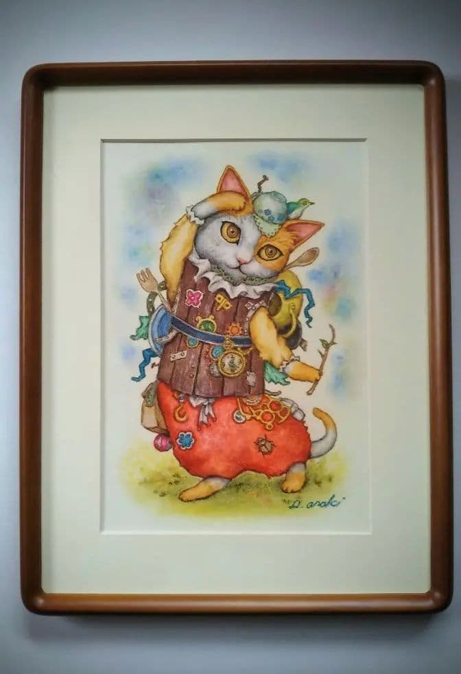 【原画】『ガラクタ猫（改）』（パステル画　猫　招き猫）