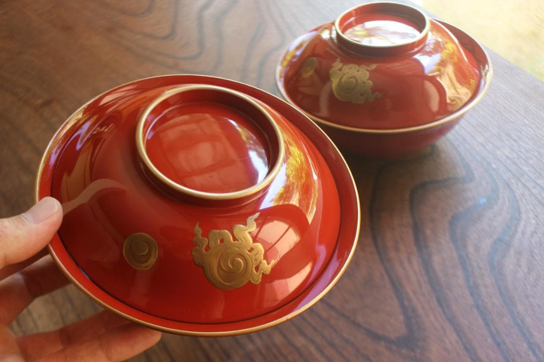 デッドストック！上質金縁朱漆に極上宝珠龍蒔絵の映えるお椀2点（検輪島塗京塗懐石椀