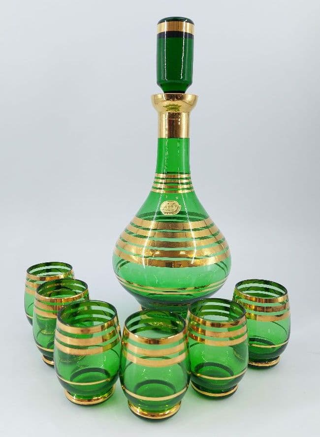 ボヘミアCrystal デキャンタ・ショットグラス(ミニ)セット グリーン