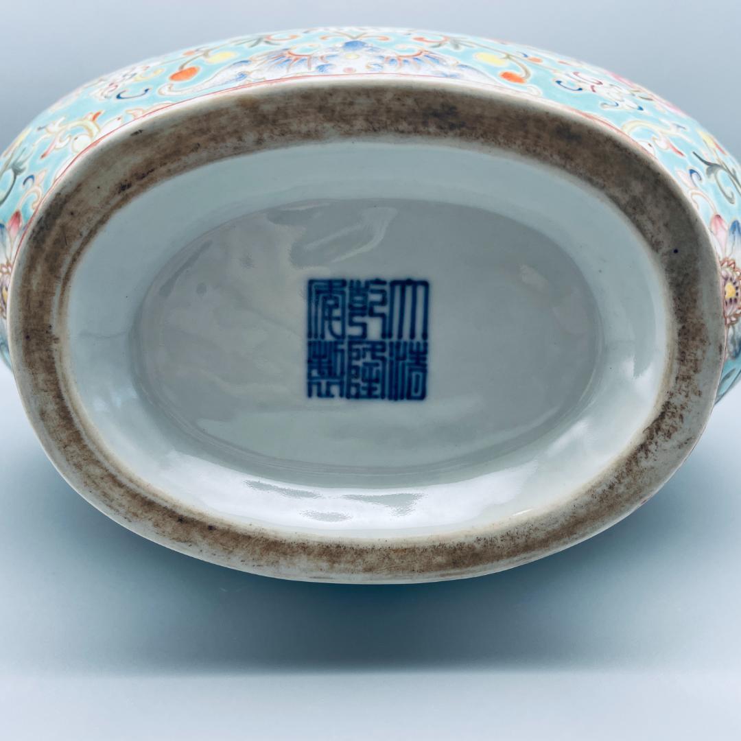 清】陶磁器 神獣紋 大清乾隆年製 粉彩双耳花瓶 中国美術 41cm 古杉箱入