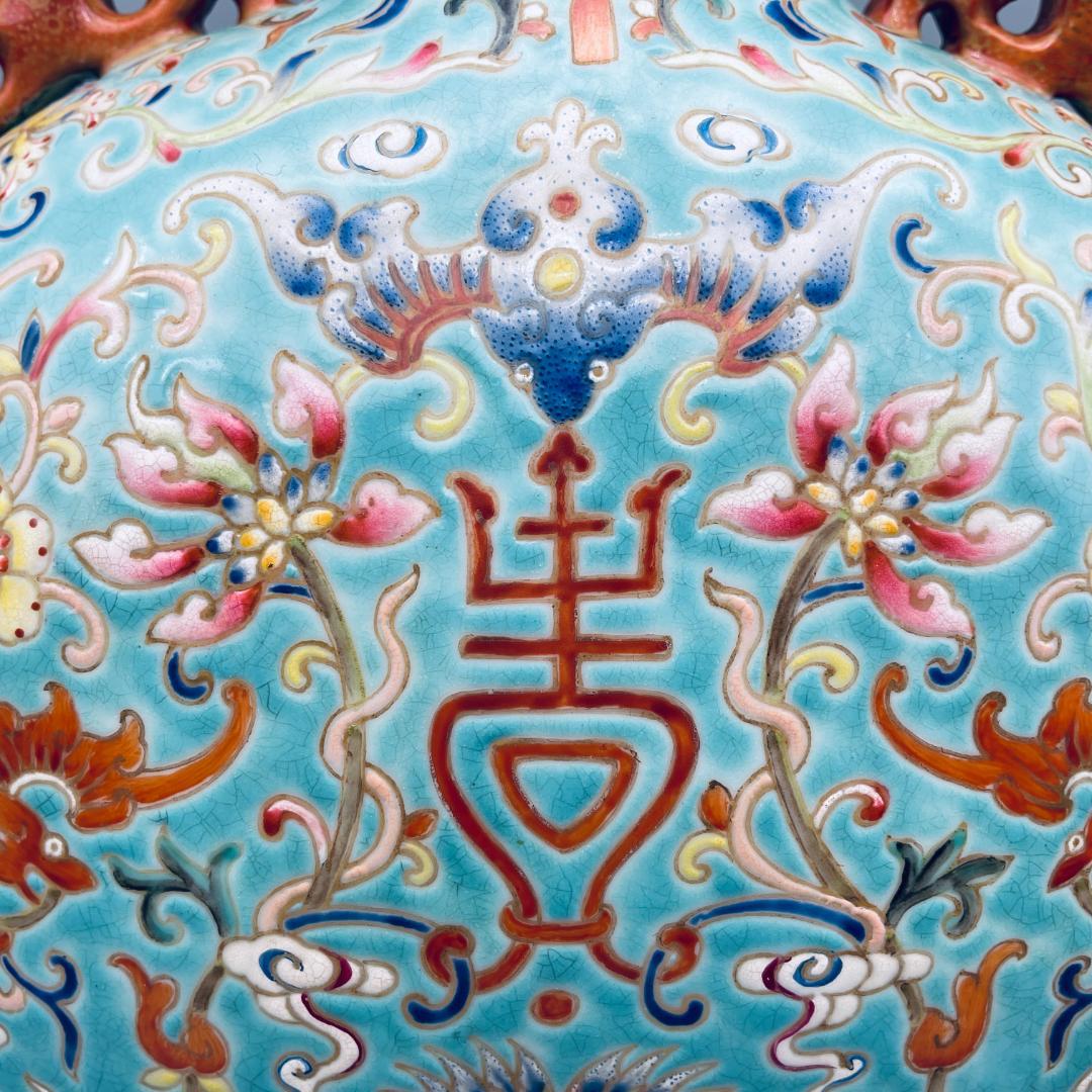 清】陶磁器 神獣紋 大清乾隆年製 粉彩双耳花瓶 中国美術 41cm 古杉箱入