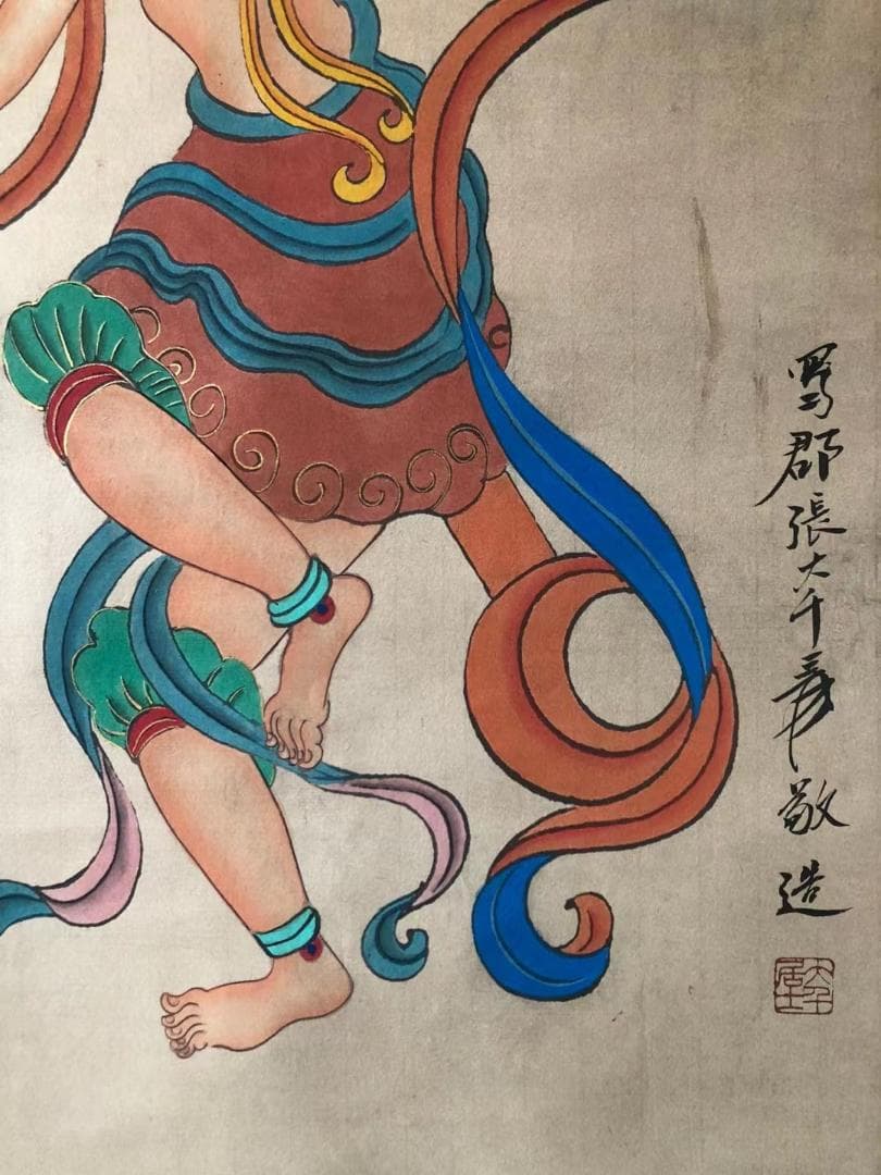 中国美術・純手描き人物画凌波捉月掛軸・国画・張大千印款・宣紙・賞物