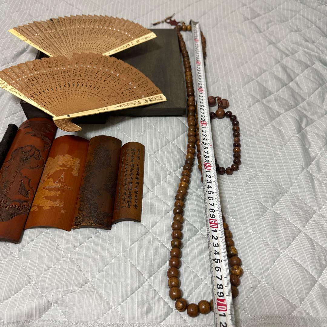 中国 日本時代物白檀念珠紫檀香筒竹彫 詩文 人物 山水 茶道具