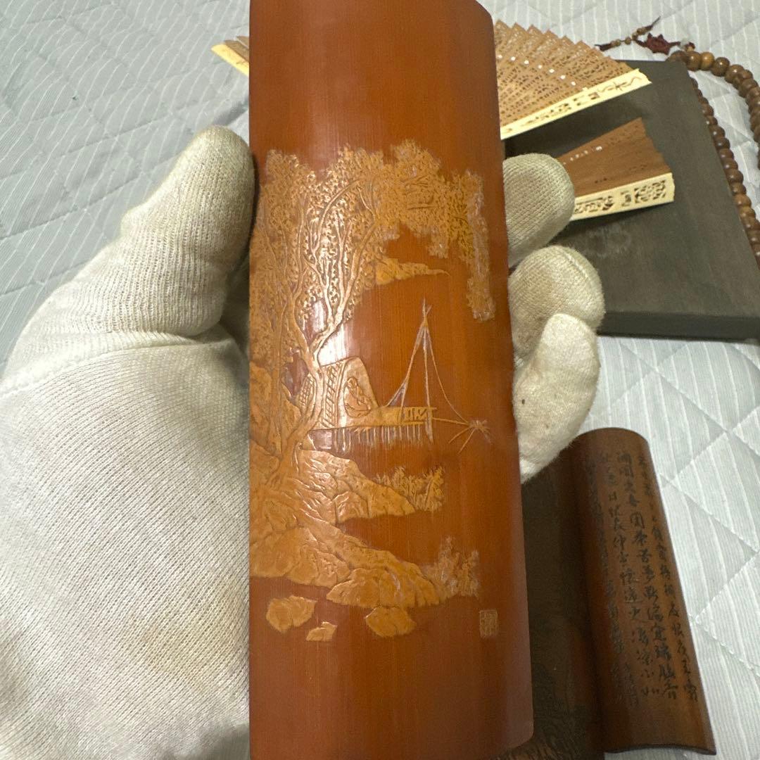 中国 日本時代物白檀念珠紫檀香筒竹彫 詩文 人物 山水 茶道具