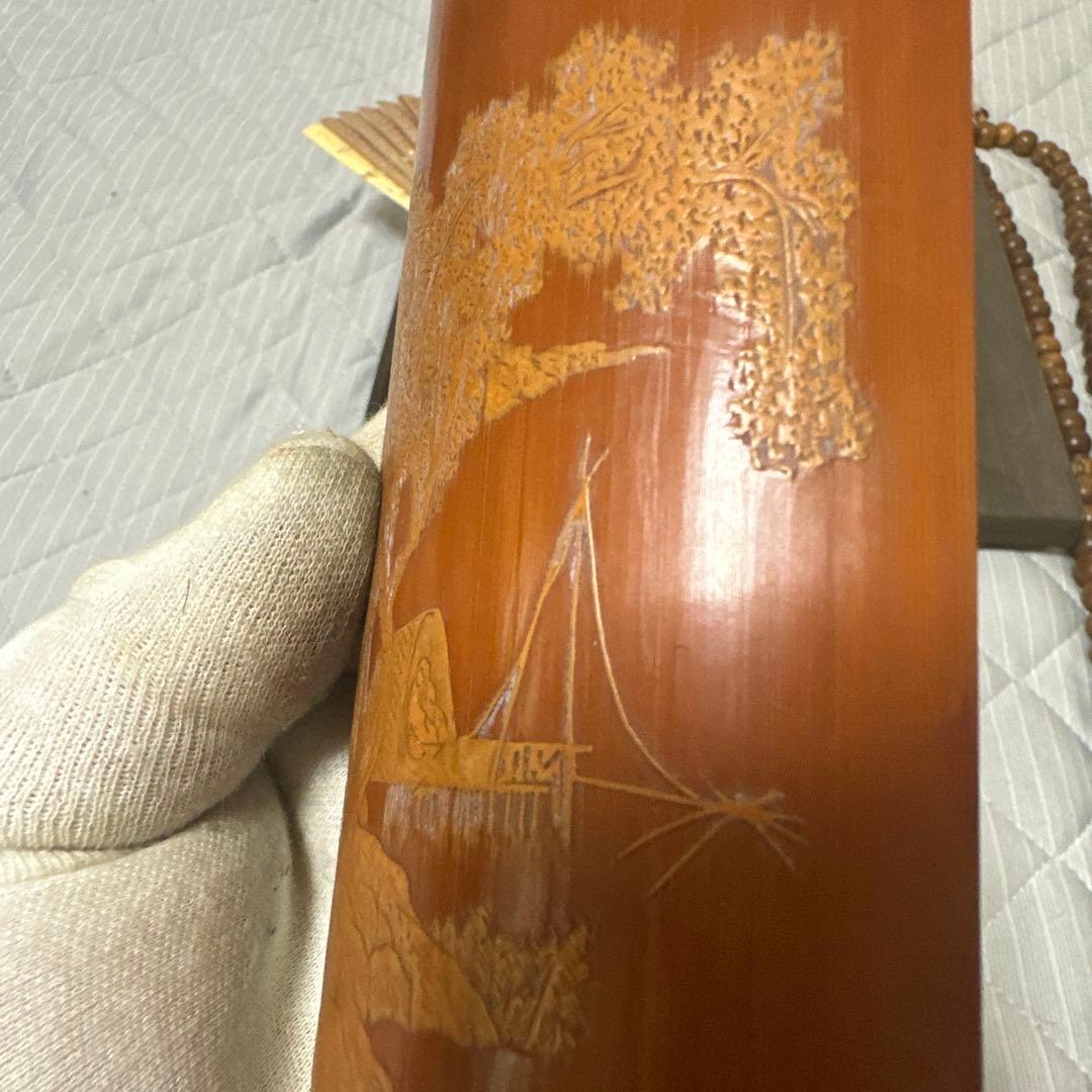 中国 日本時代物白檀念珠紫檀香筒竹彫 詩文 人物 山水 茶道具