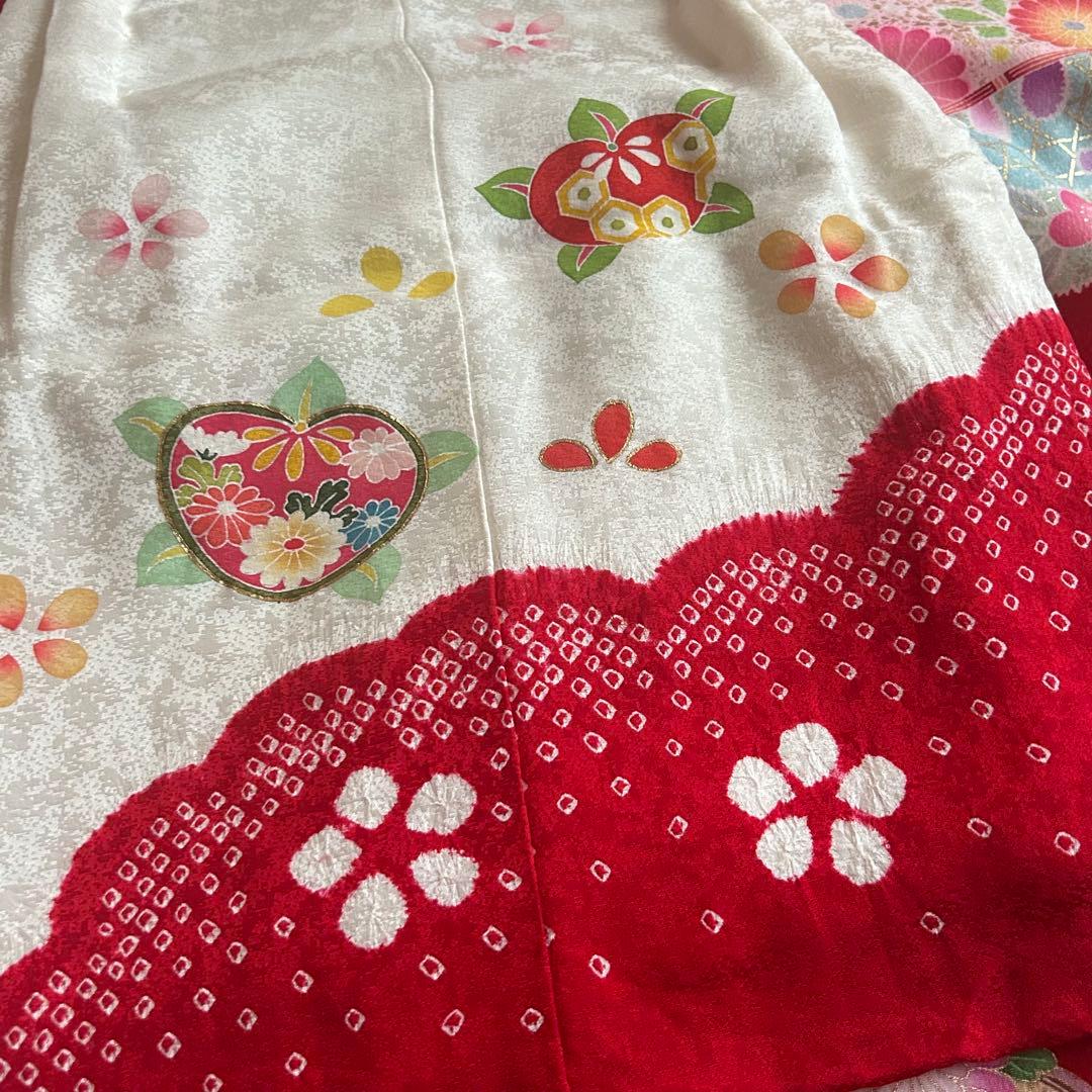 七五三 3歳 絞り 被布 着物 絹 三歳 赤 草履 753 女の子 子供着物 白
