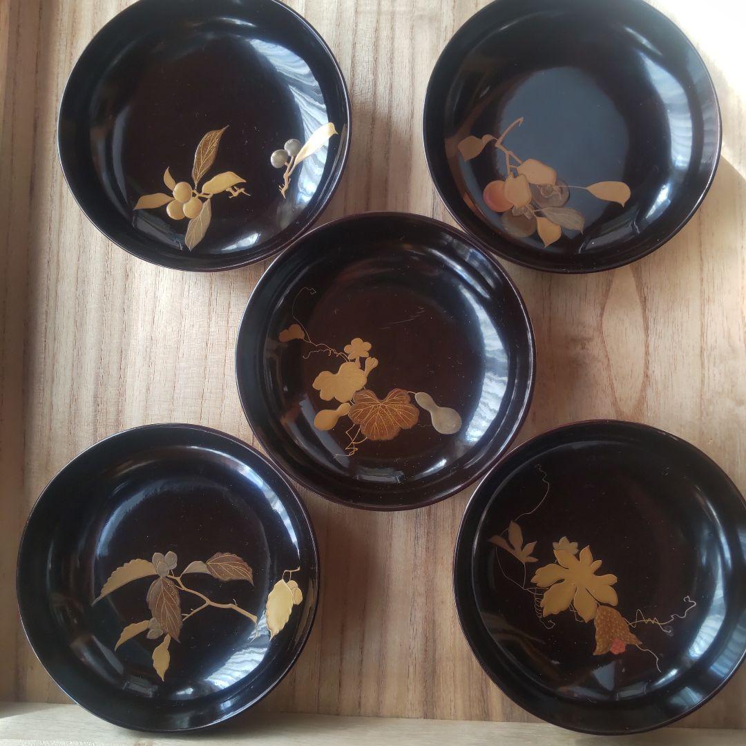 漆木皿 5枚セット 金箔装飾 蒔絵 絵がわり
