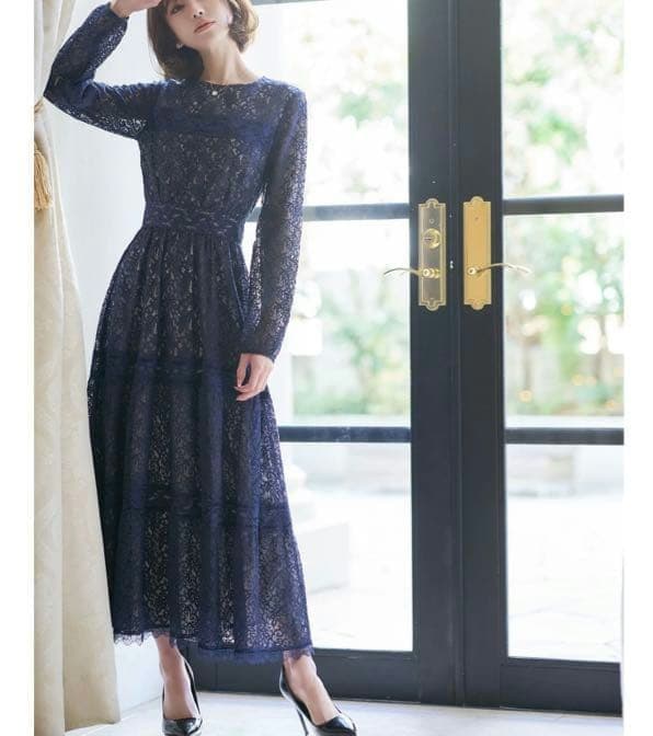 新品✩エミリアウィズ✩レース切り替えロングワンピース✩マキシ丈✩ネイビーＳ