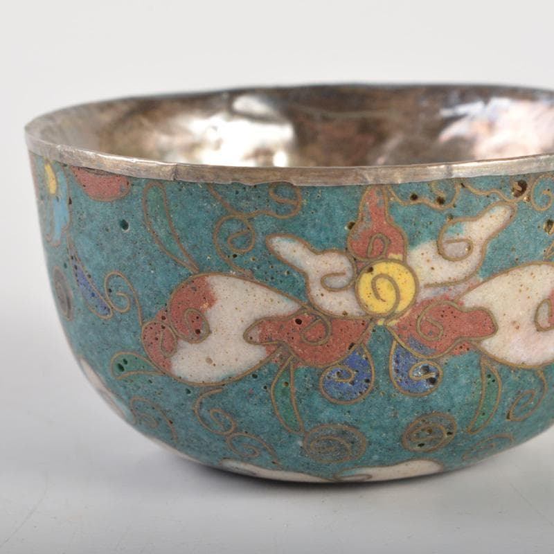 中国　唐物　古七宝内銀張　花文　盃　時代箱付　V　6485