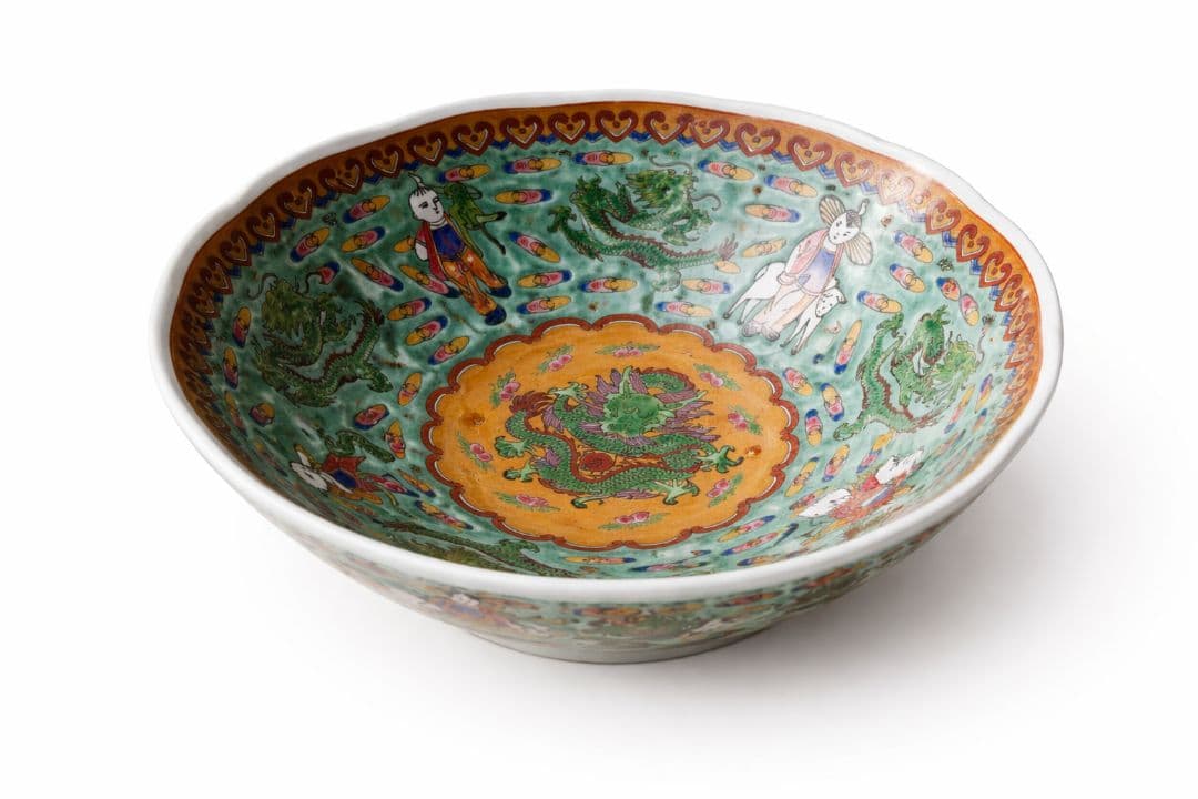 ●中国アンティーク 内側緑　小物入れ 彩色 磁器 骨董 骨董品 置物