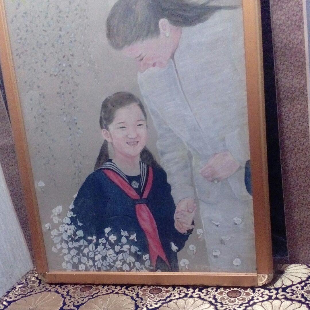 海外コレクター向天皇家雅子皇后様愛子内親王様縦７８X横６７センチ水彩画額装品