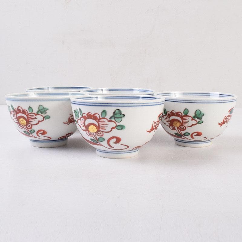 九谷焼　須田青華造　呉須赤絵写し　福字花文　煎茶碗　五客　共箱　M　R9018