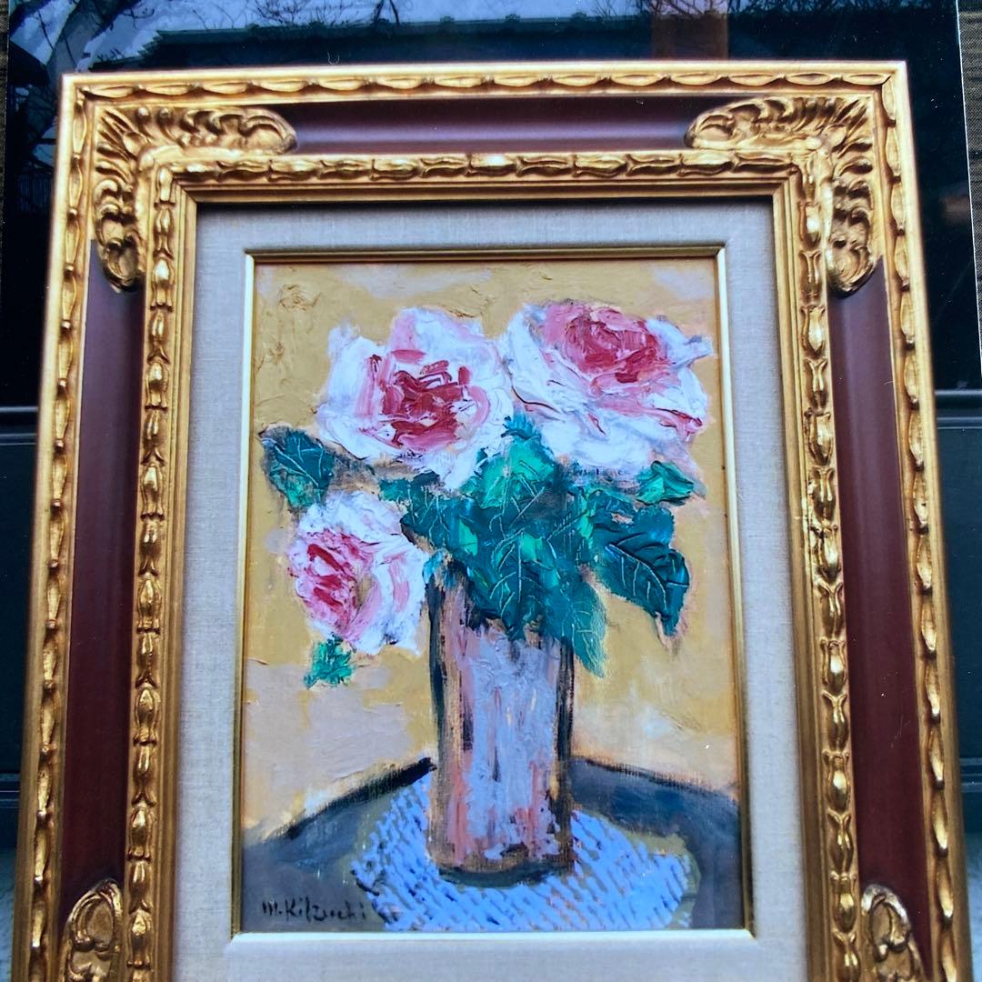 絵画菊地正則「赤いバラ」 油彩画真作額付き額装ゴージャスF8 美品