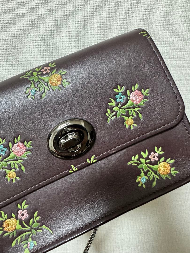 コーチ　2way花柄刺繍 ダークブラウン パーティーバッグ