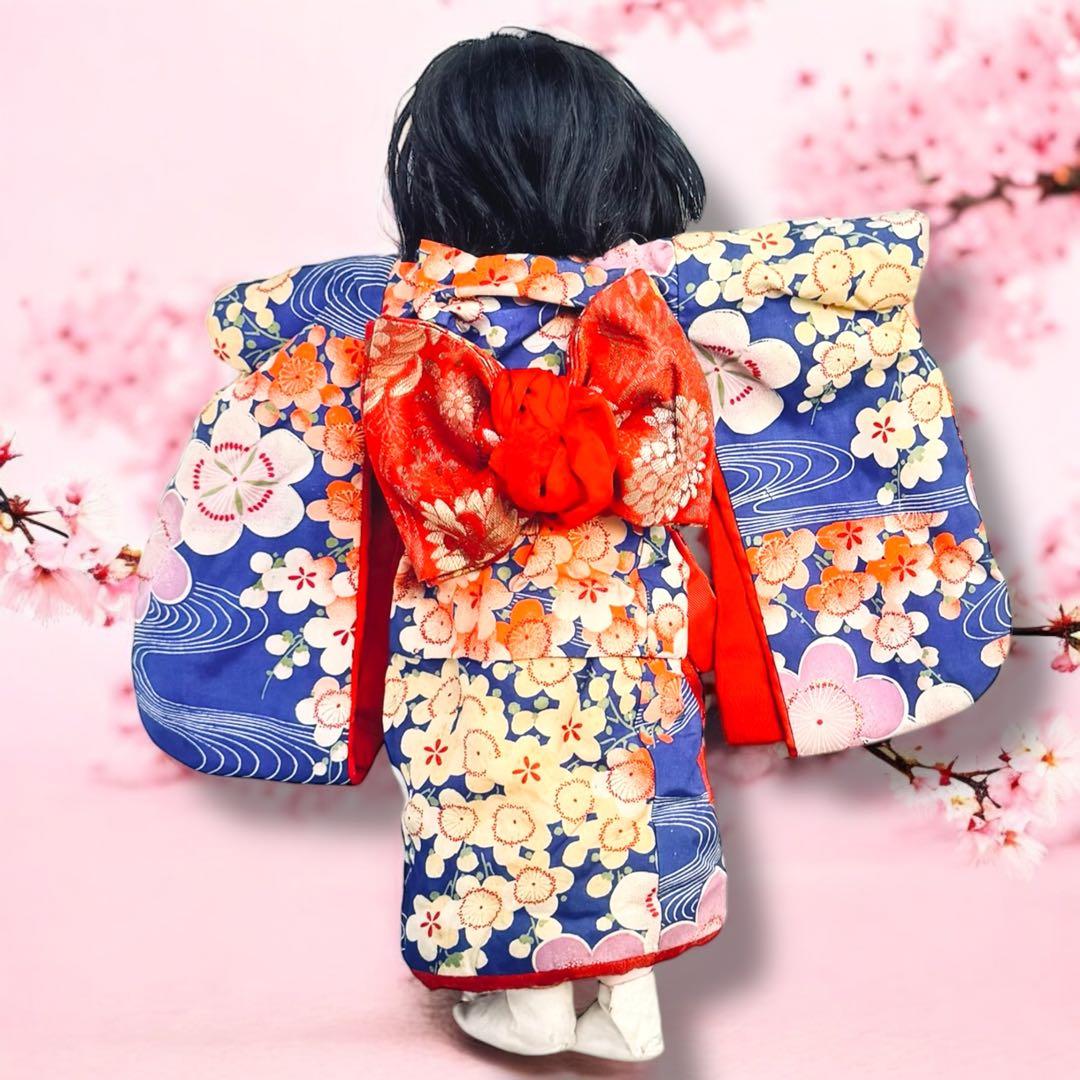 市松人形 明治期 三つ折れ ふいご 山桜 青縮緬着物 花柄 ガラス