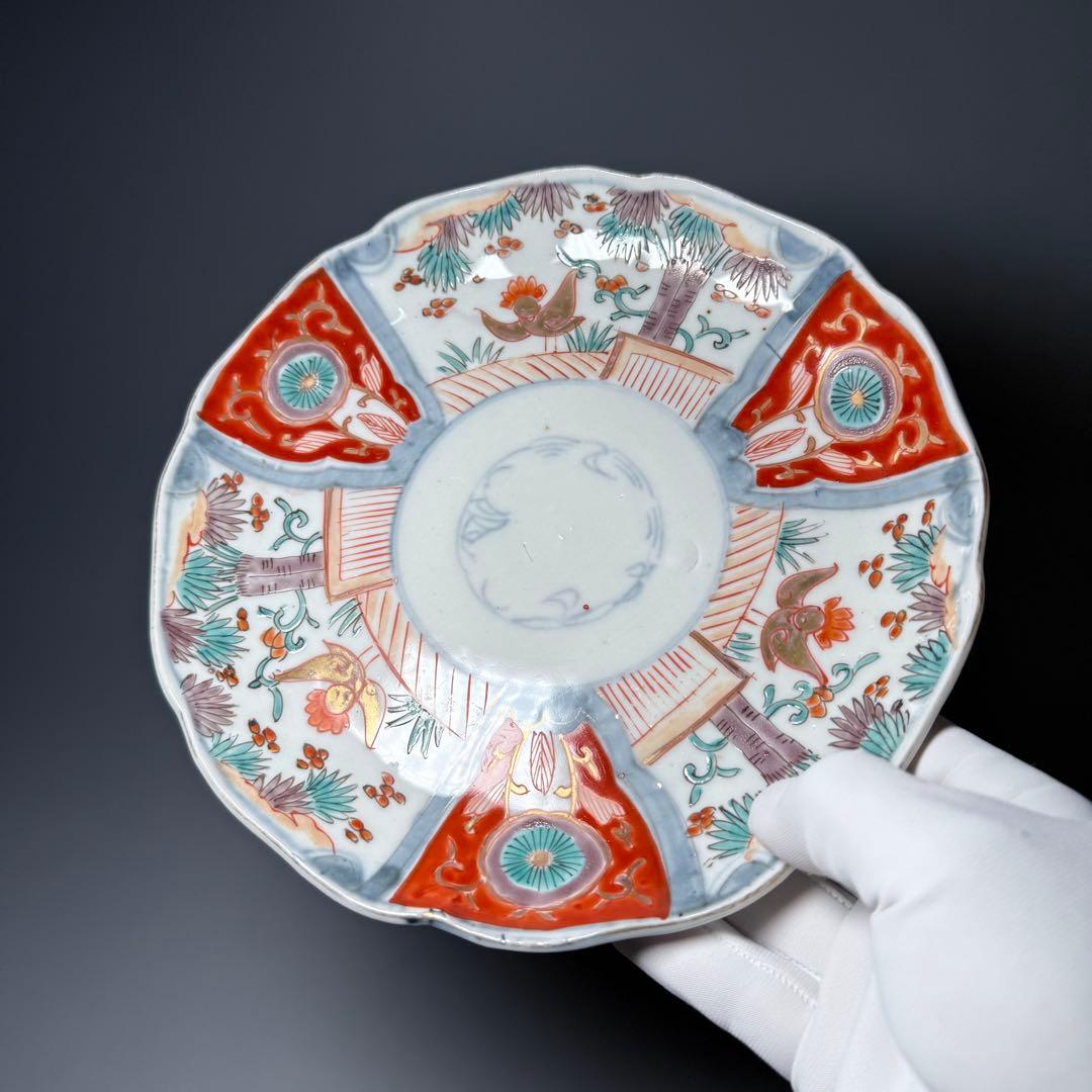 古伊万里 色絵花鳥図輪花形七寸皿 松竹梅 裏巻物文様 江戸期