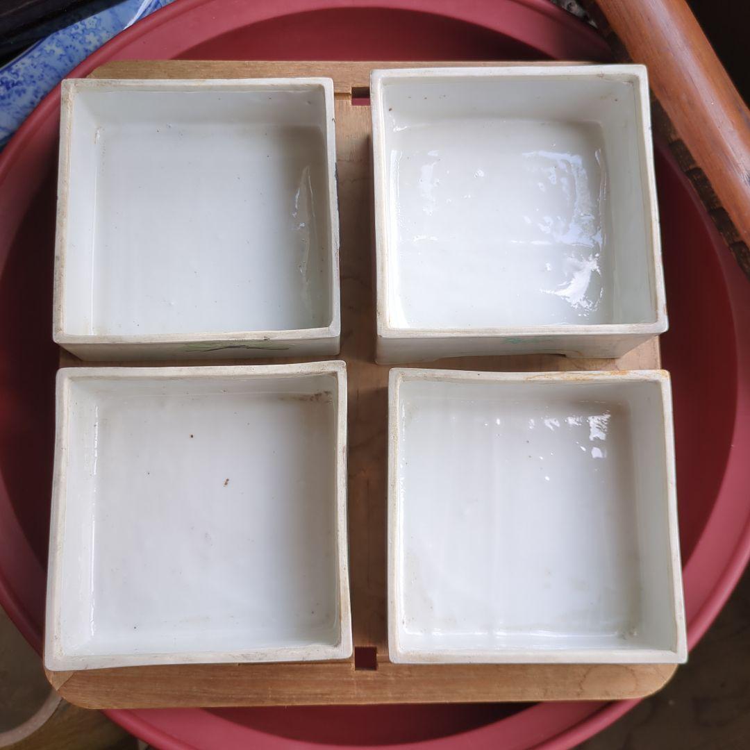 骨董 段重 松に鶴 4段重箱 陶器 金彩 物入る 菓子器 アンティーク