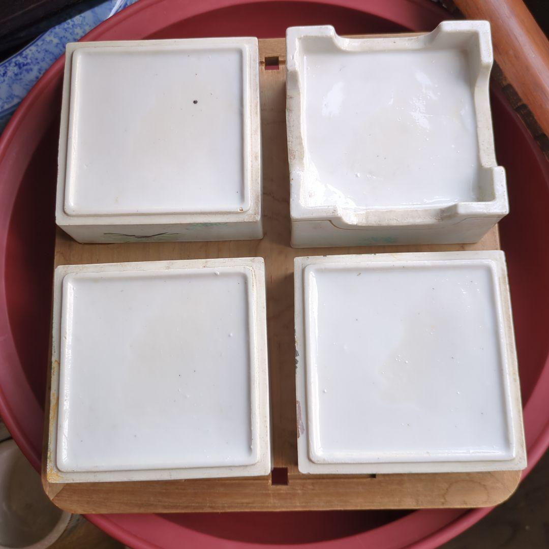 骨董 段重 松に鶴 4段重箱 陶器 金彩 物入る 菓子器 アンティーク