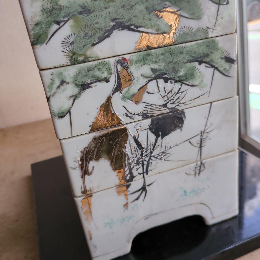 骨董 段重 松に鶴 4段重箱 陶器 金彩 物入る 菓子器 アンティーク