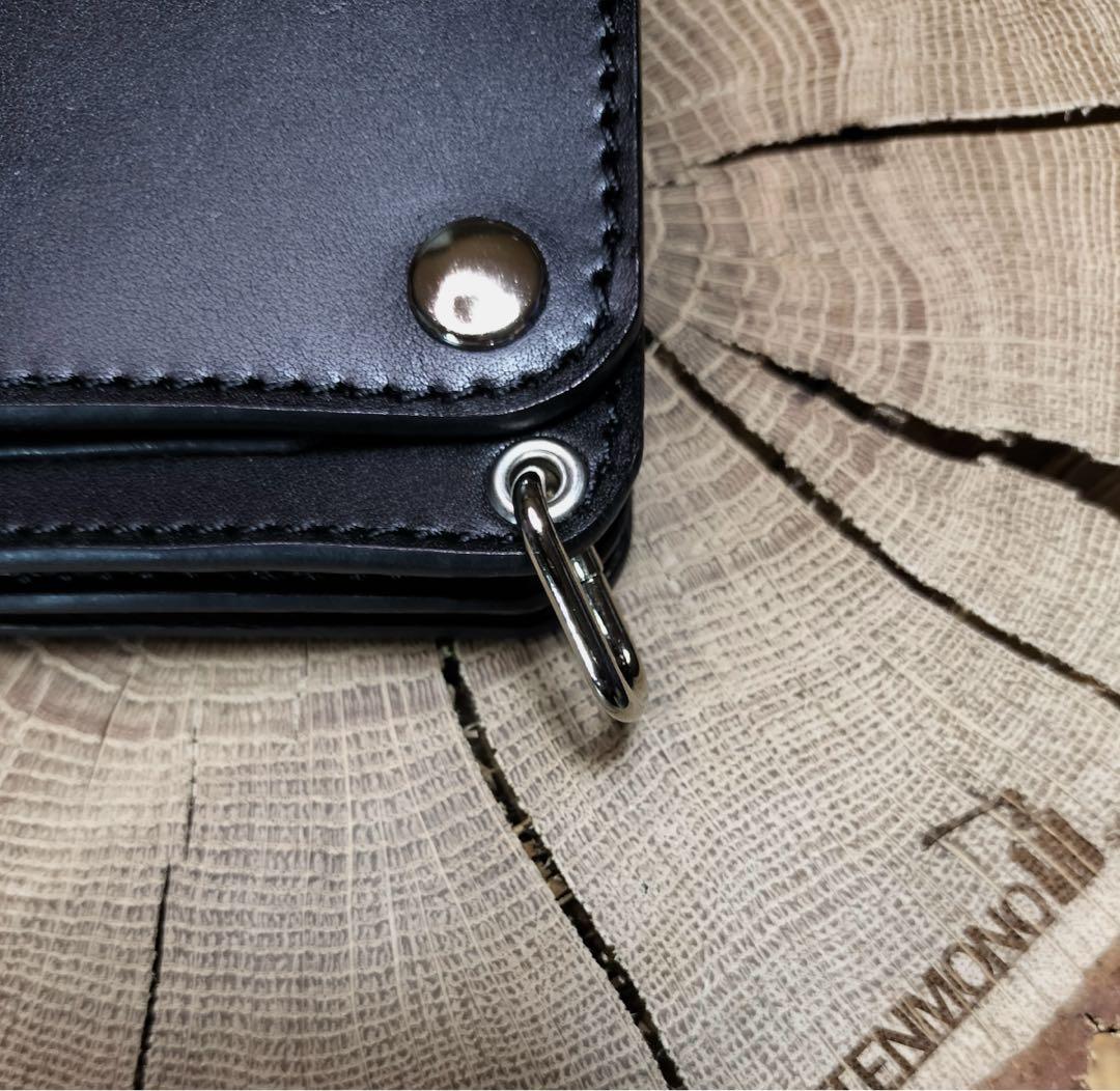 栃木レザー　札ポケット付きミドルトラッカーウォレット3層　黒　ハンドメイド