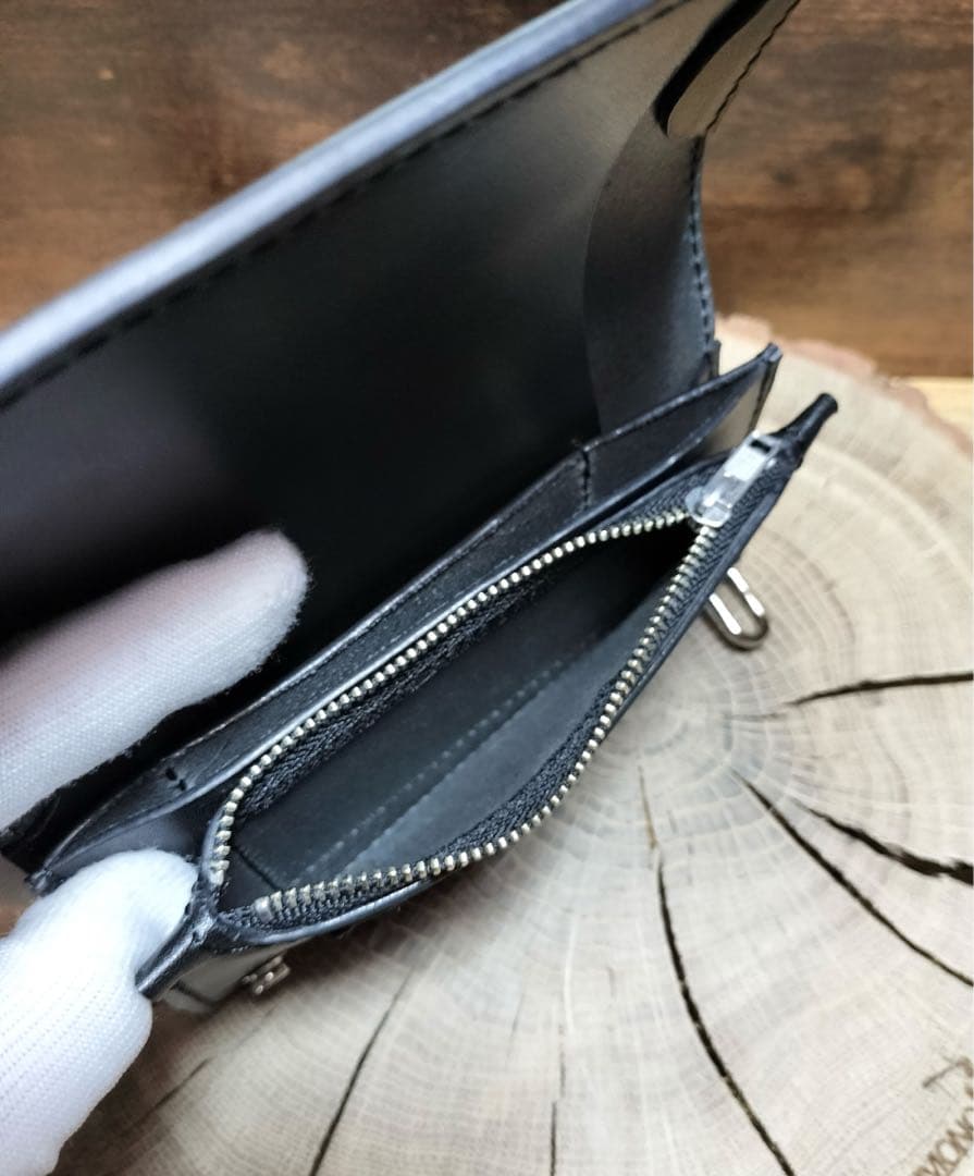 栃木レザー　札ポケット付きミドルトラッカーウォレット3層　黒　ハンドメイド