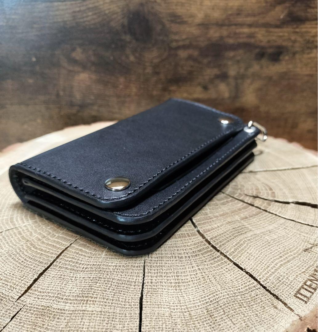 栃木レザー　札ポケット付きミドルトラッカーウォレット3層　黒　ハンドメイド
