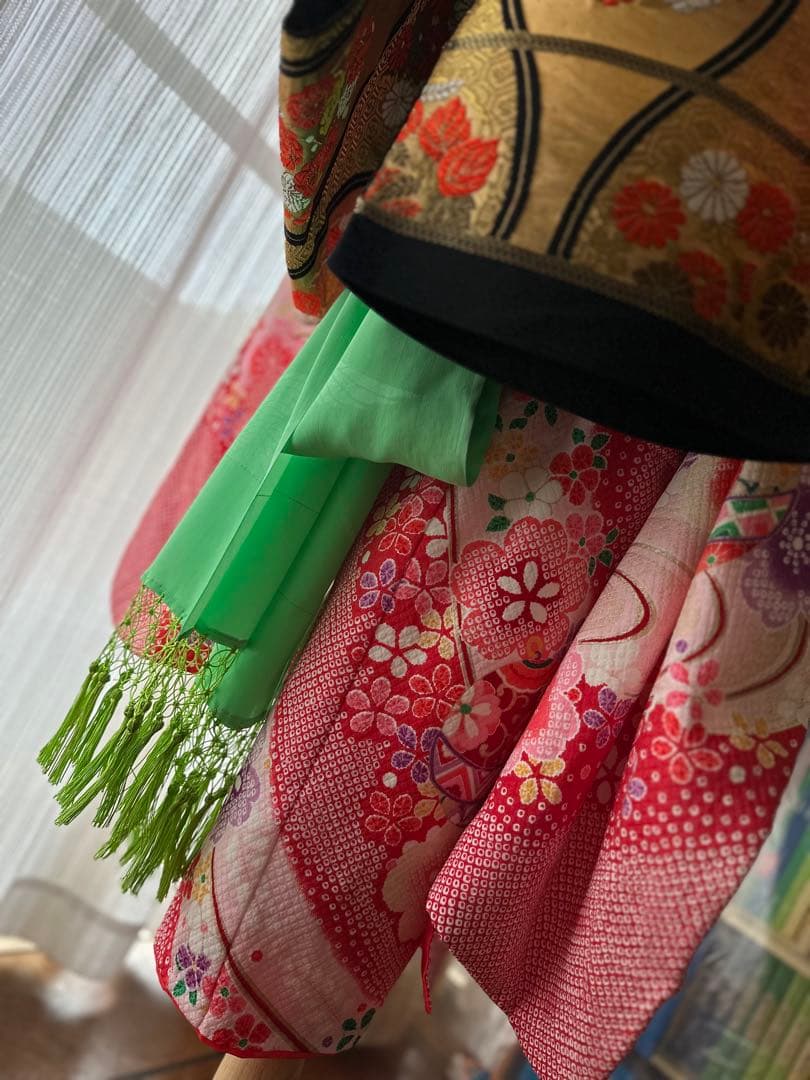 7歳七五三フルセット 赤×白×紫 絞り風花柄着物と立涌模様の帯