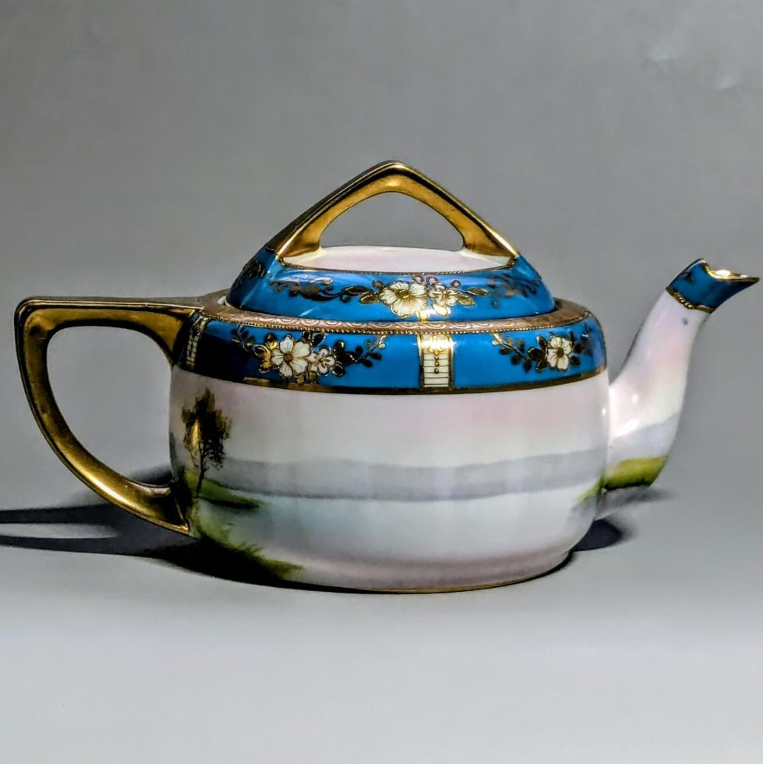 オールドノリタケ ポット ターコイズ 湖畔風景白鳥図 金彩金盛上 有名