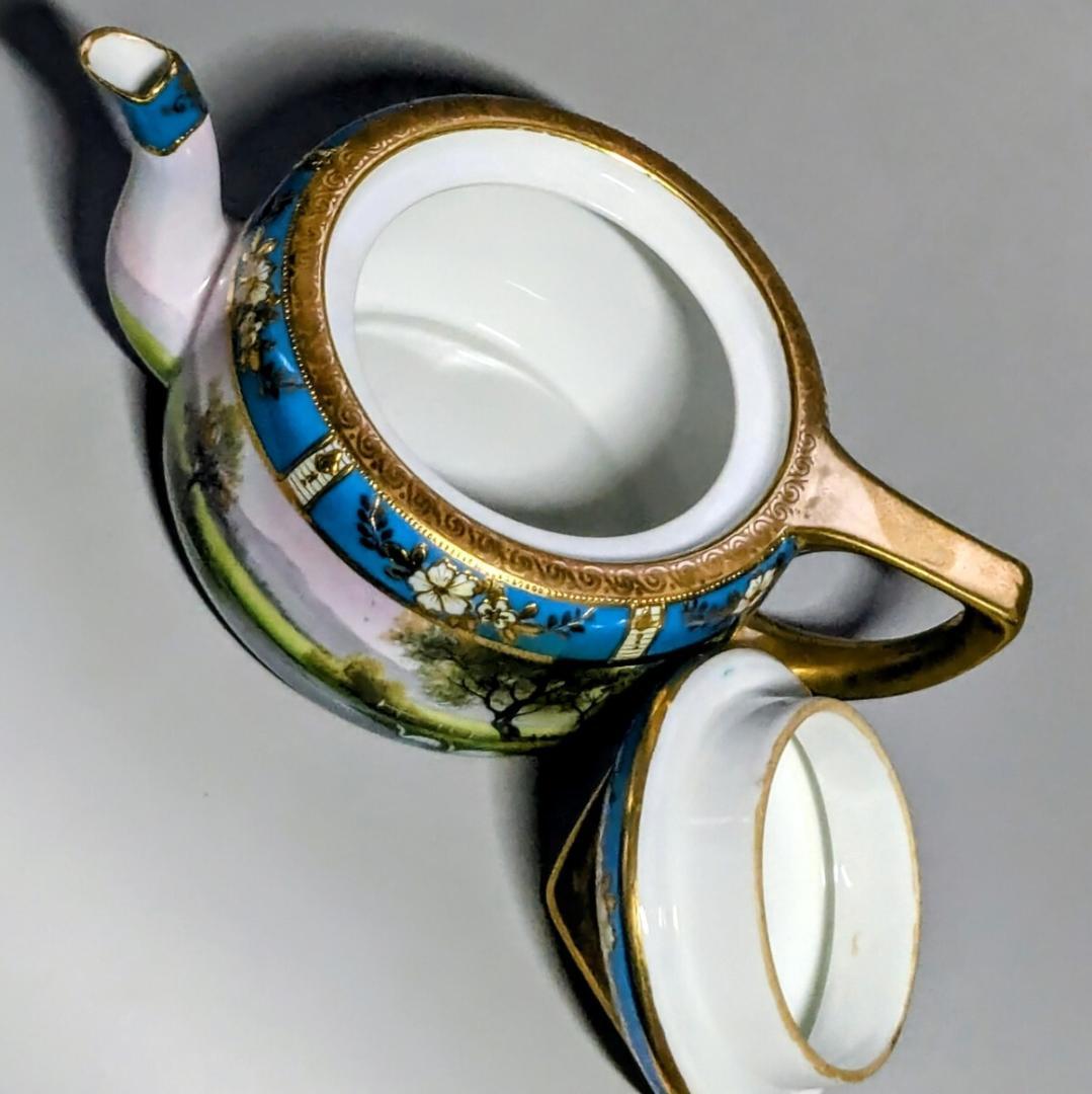 オールドノリタケ ポット ターコイズ 湖畔風景白鳥図 金彩金盛上 有名