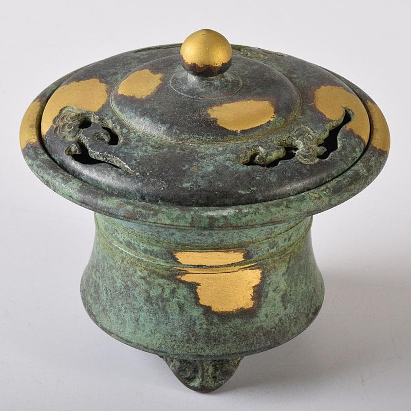 平安 秦蔵六造 塗金銅香炉 「瑞雲」 共箱 G R8430