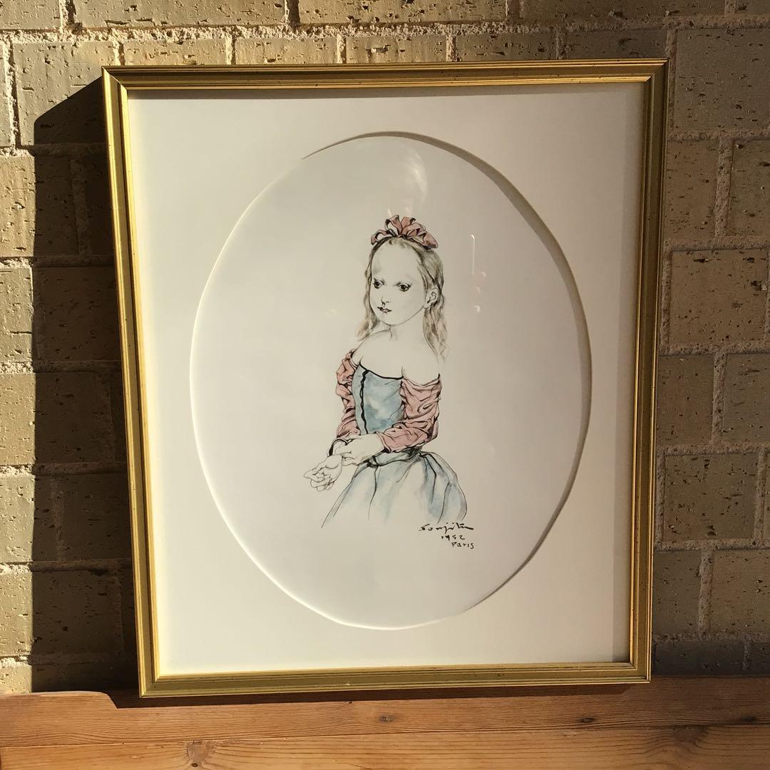 川西英、【露台】、希少画集画、高級新品額・額装付、状態良好