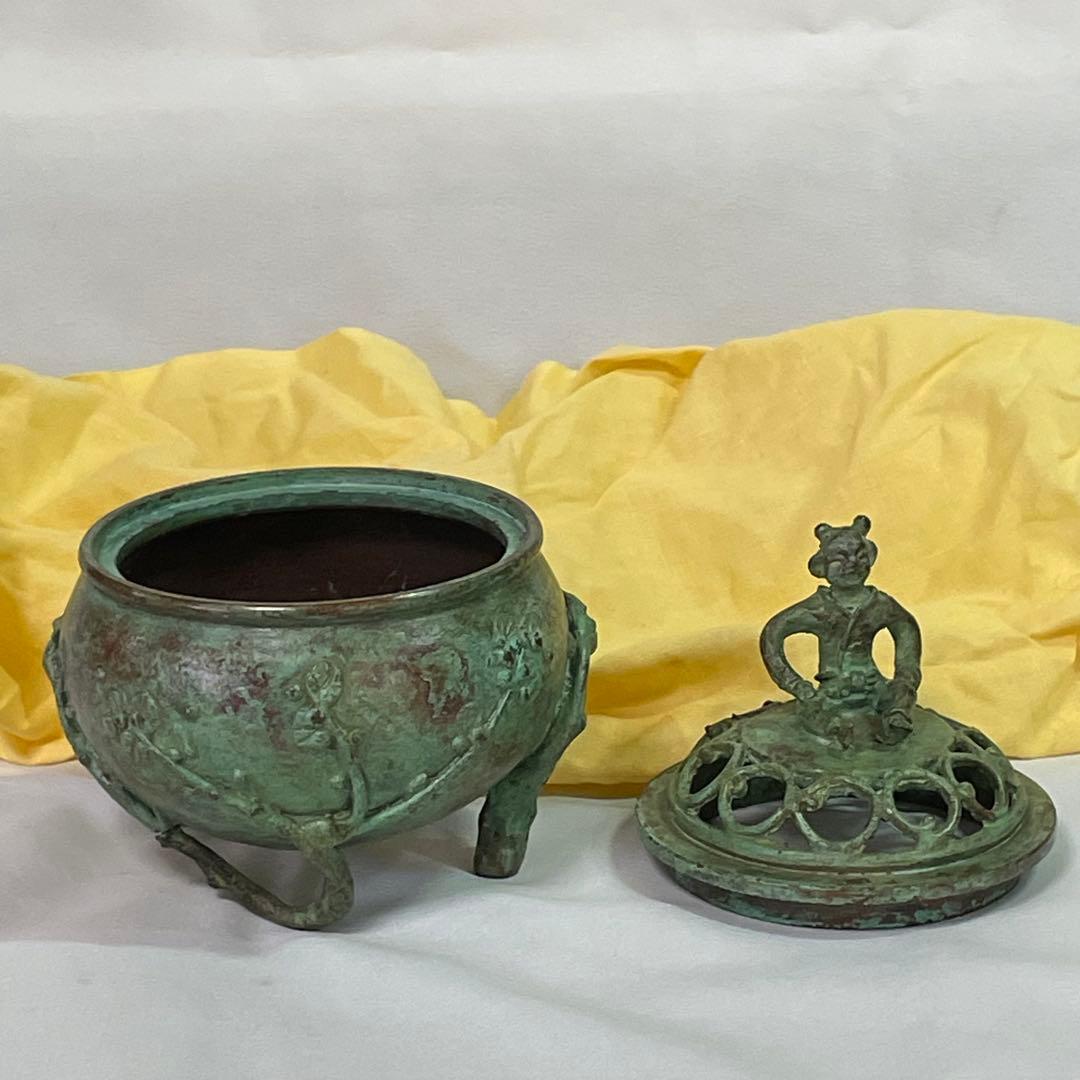 高岡銅器 須賀七郎作 月芳 蝋型鋳銅 香炉 唐子蓋梅文 共箱 証書 栞