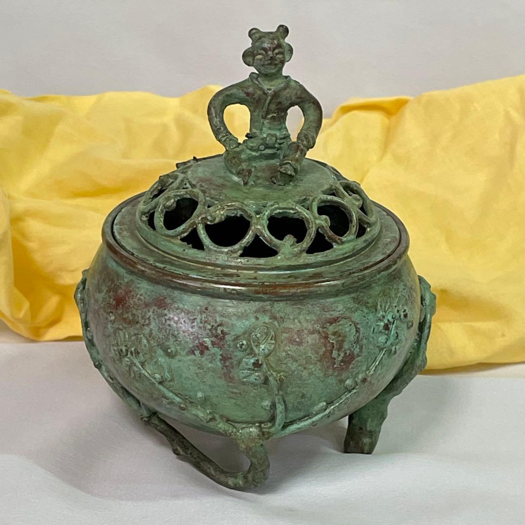 高岡銅器 須賀七郎作 月芳 蝋型鋳銅 香炉 唐子蓋梅文 共箱 証書 栞