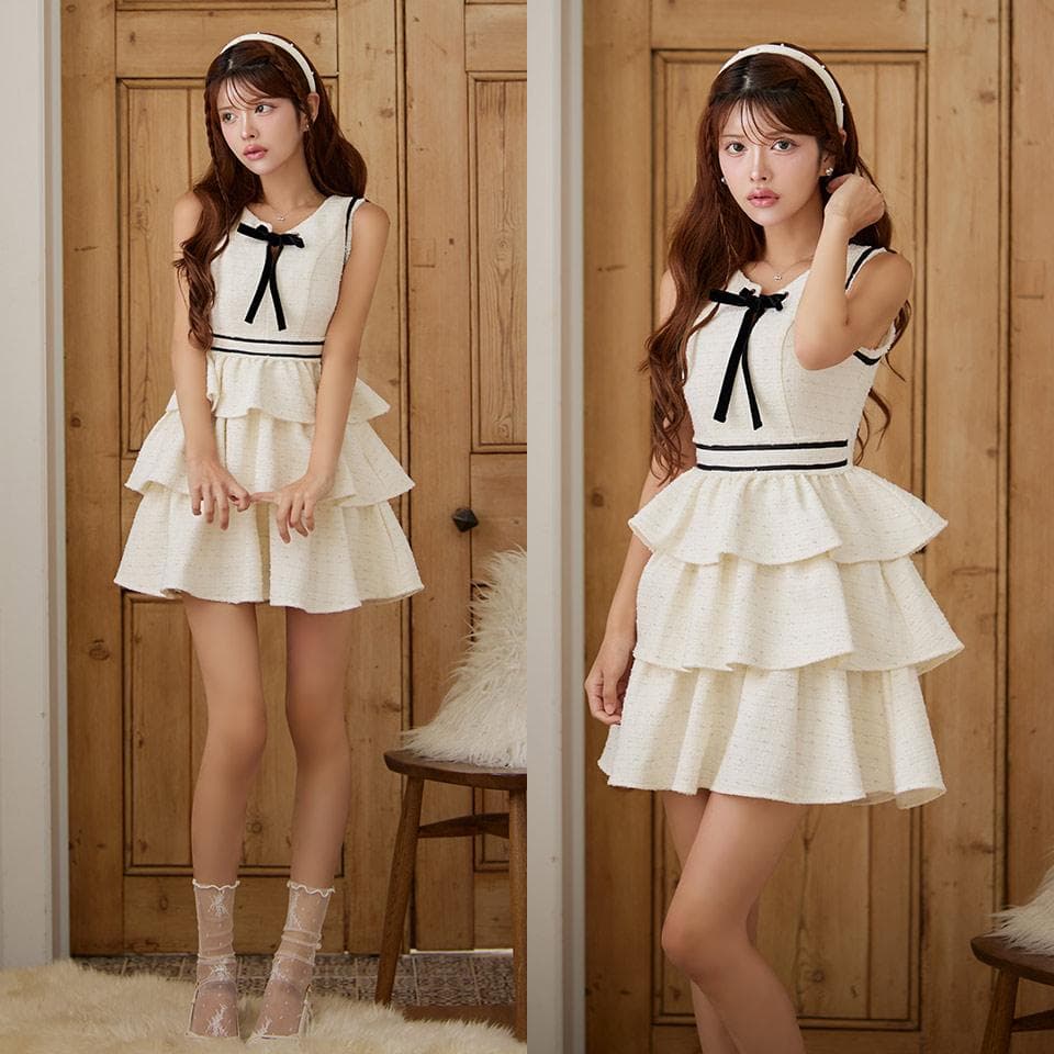 IRMA イルマ ネックリボン ティアードフリル ミニドレス ブラック