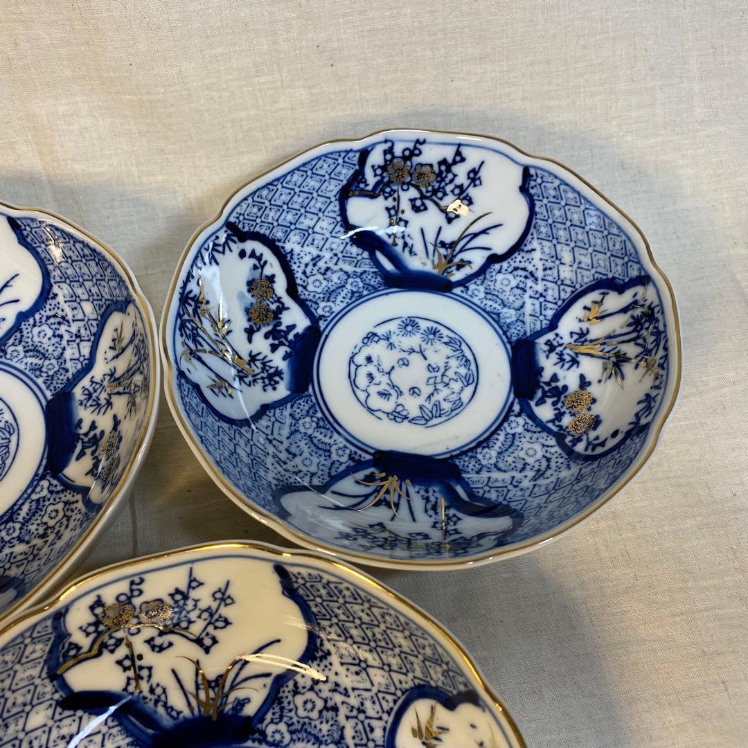 九谷焼　なます皿　染付　松竹梅文　金彩　3客