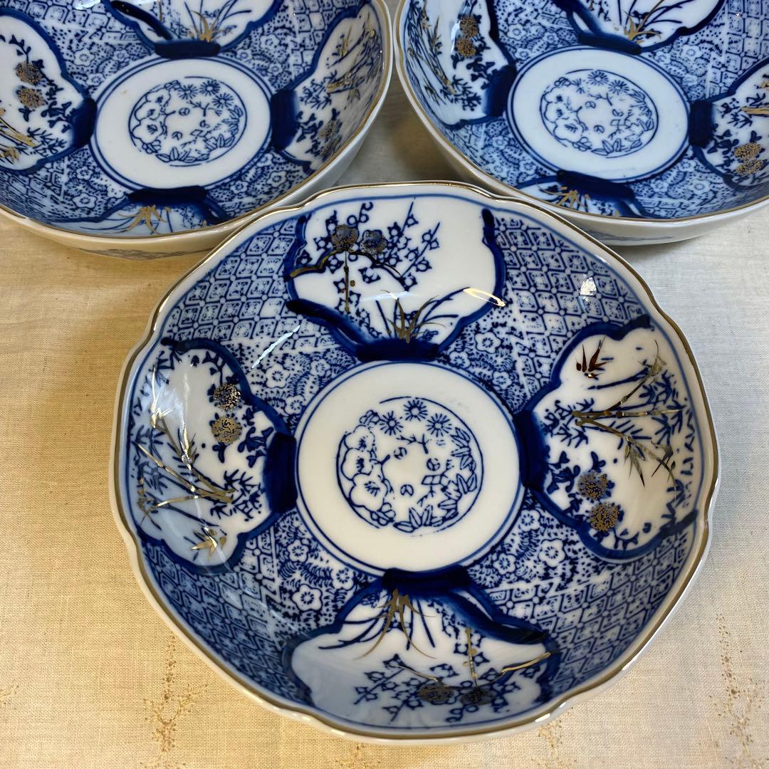 九谷焼　なます皿　染付　松竹梅文　金彩　3客