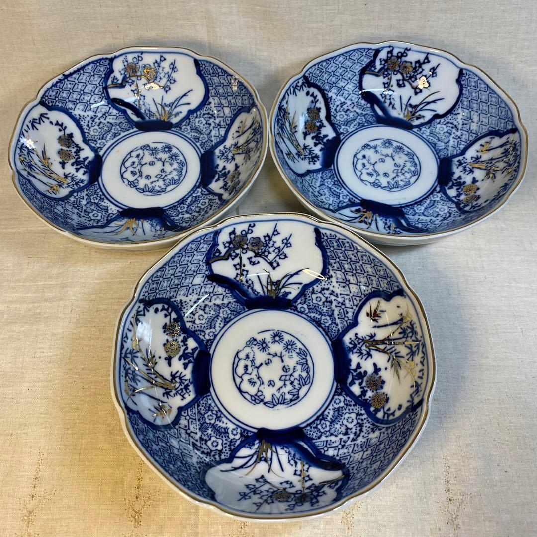 九谷焼　なます皿　染付　松竹梅文　金彩　3客