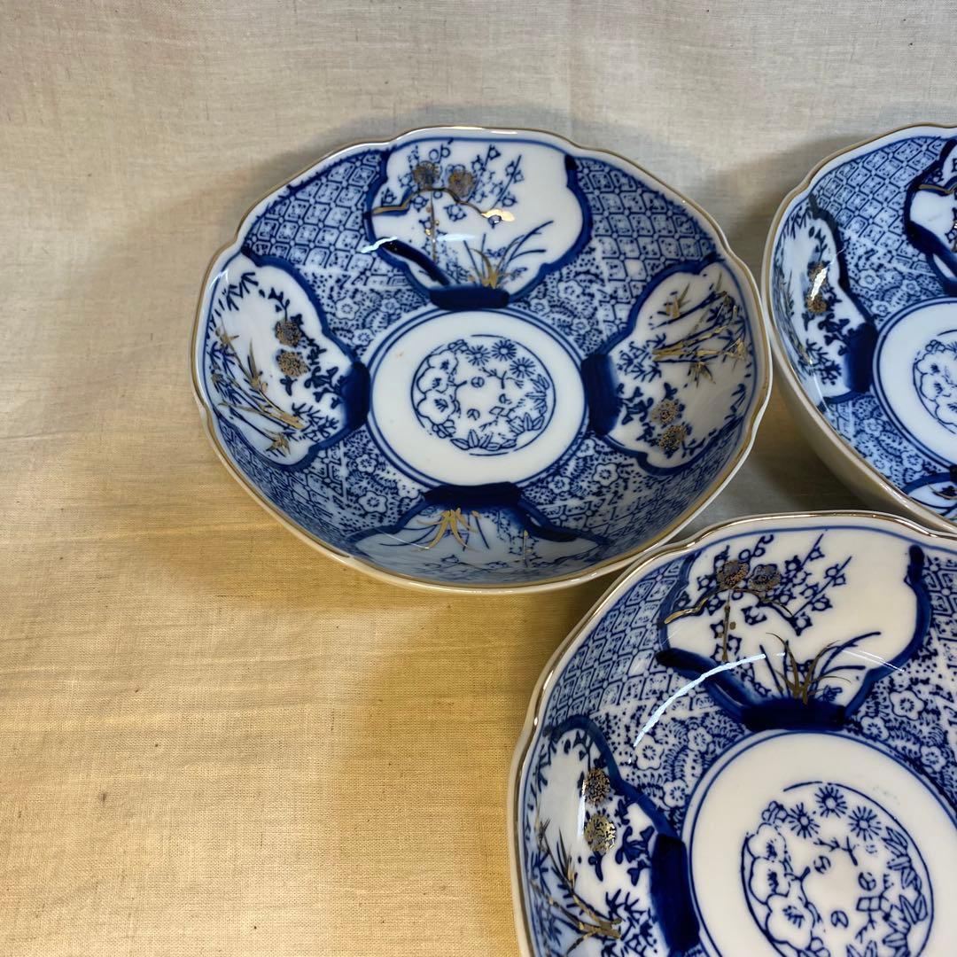 九谷焼　なます皿　染付　松竹梅文　金彩　3客