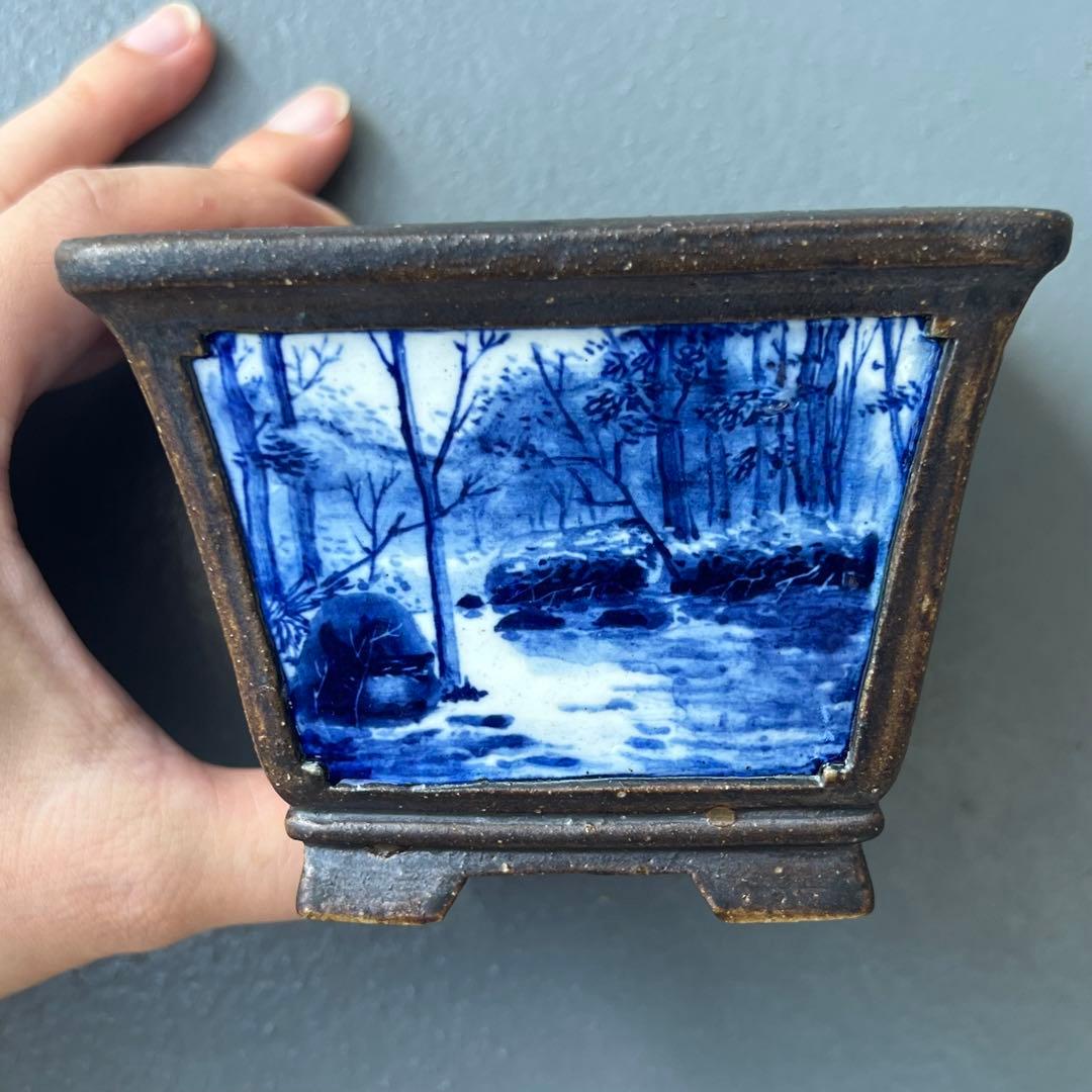 828.余悦余快 染付正方 現代小鉢作家展絵付の部金賞作家 盆栽鉢 植木鉢