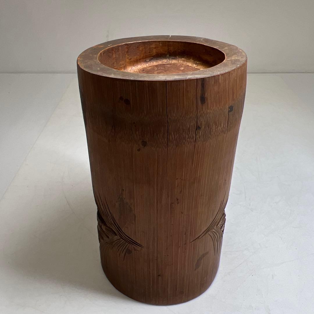 時代竹製浮彫筆筒 高さ14㎝ 東Y7-0606①タエオ