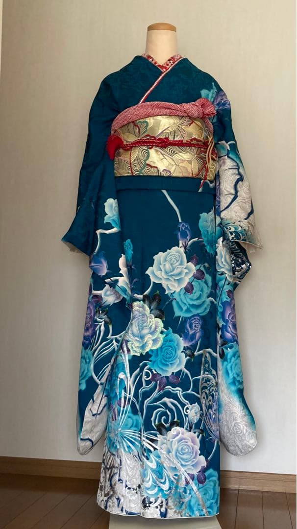 美品振袖セット ターコイズブルー（ショール、振袖、長襦袢、帯