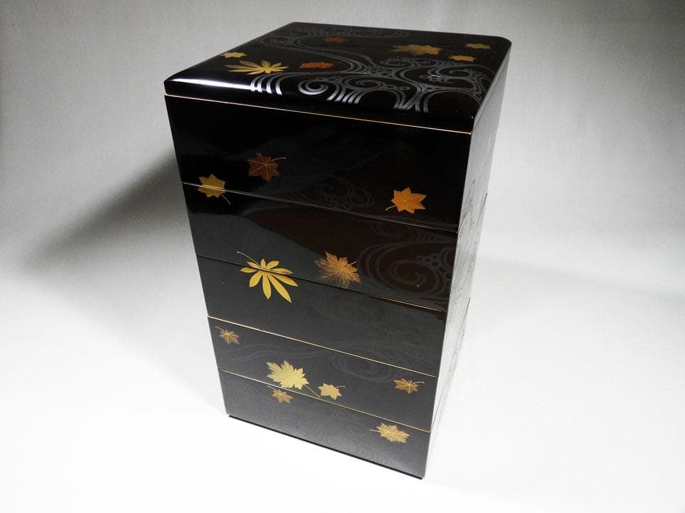 ○五段重 重箱 流水紅葉楓蒔絵 時代 木製漆器 美品 明治 箱