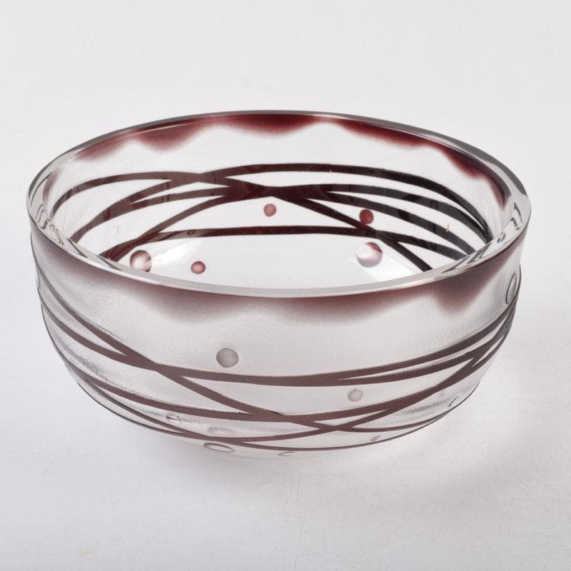 ガラス工芸 荒木良忠作 玻璃彫刻 銅赤流水文 菓子鉢 共箱 C