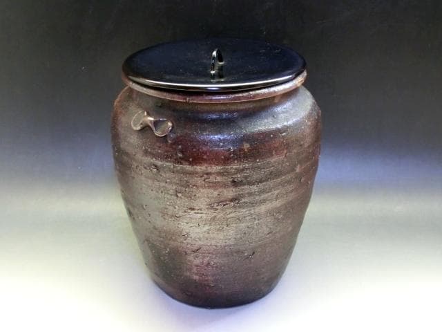 水指■美術館クラス 古備前 時代物 耳付き広口古壷(江戸期) 漆器蓋 骨董品■
